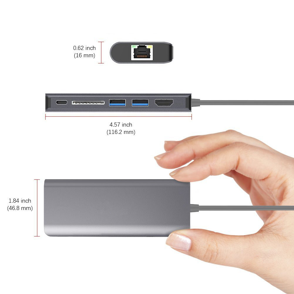 Aluminum Type C Adapter with Port Gigabit Ethernet Port USBC Power Delivery 2 USB 3.0 Ports SD Card Reader for mac