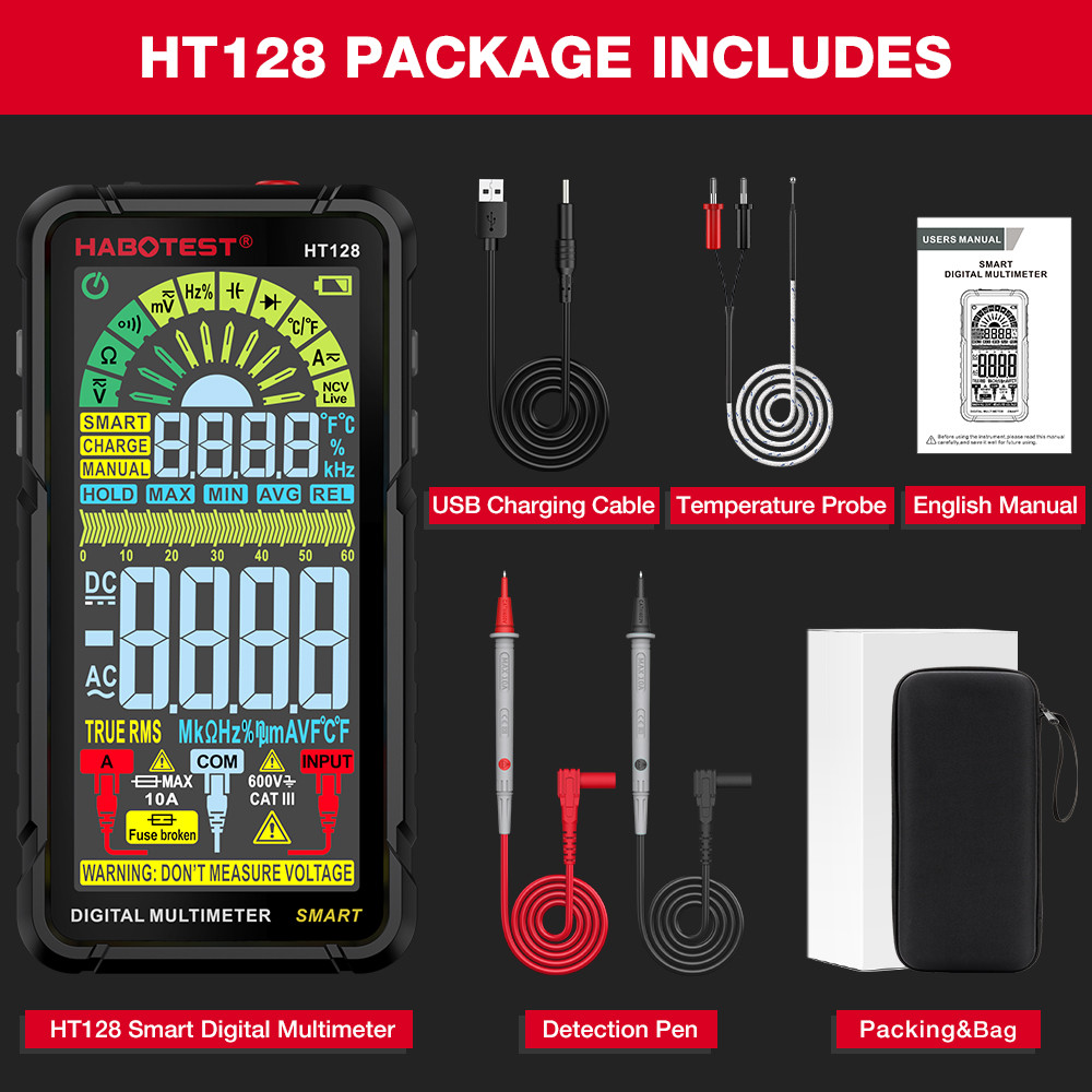 HT128 Digital Multimeter 6000 Counts Smart Measurement Auto-Ranging Voltmeter Tester AC/DC Capactiance Measures