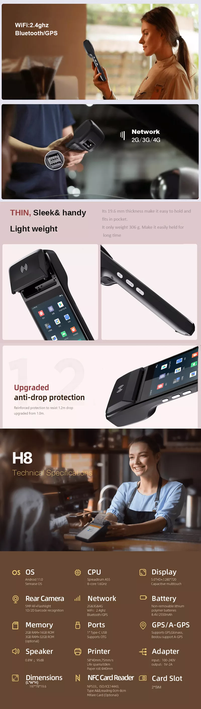 4G Android POS Systems With Terminal Printer Android 11 Mobile Touch POS