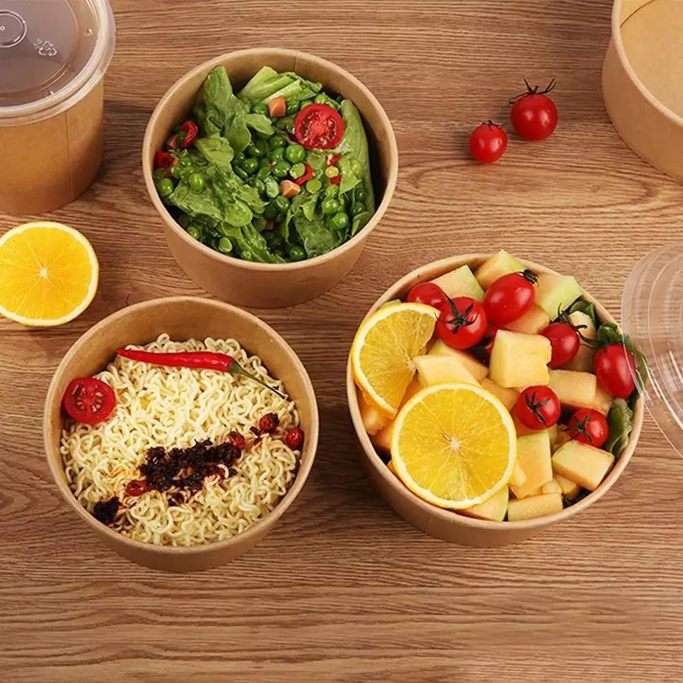 Take Away Soup PLA Kraft Paper Salad Bowl Logo Printed Disposable Paper Salad Bowl With Lid