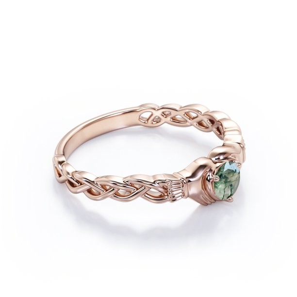 Round Brilliant Cut Clear Druzy Moss Green Agate - Braided Engagement Ring