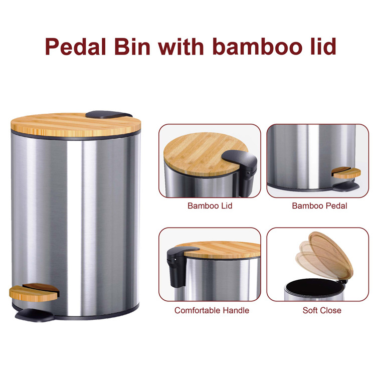 Space-Saving Rolling Cover Style Stainless Steel Trash Bin with Thin Bamboo Lid and Pedal