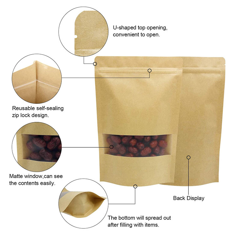 In Stock Kraft Stand Up Pouches With Reclosable Zipper For Rice Spices Beans Candy Snacks