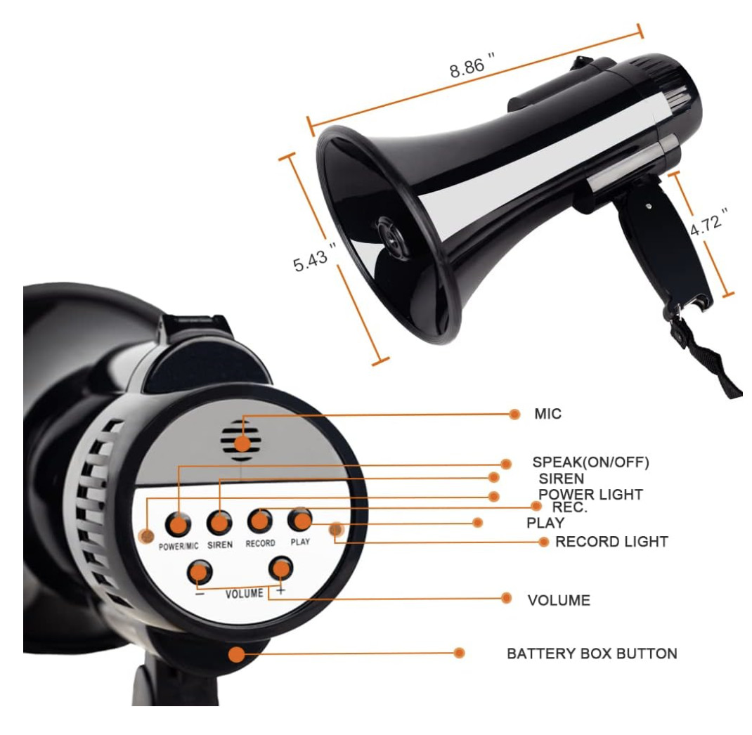 Customizable Military Megaphone 8h Battery Life Dry Cell Battery Operated Megaphone