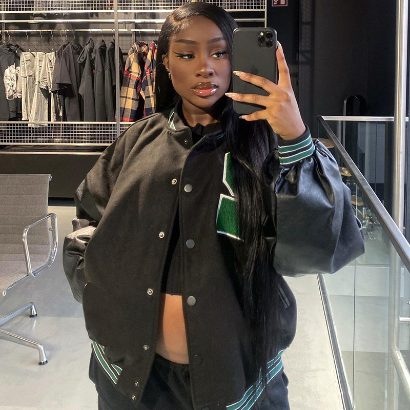 Women's 2021 autumn and winter new fashion design contrast color single breasted letters embroidered jackets