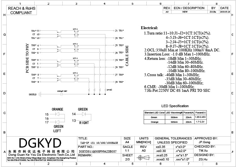 DGKYD811Q008FN9A2DB057 Gigabit Integrated Transformer Ethernet Filter With Light Strip Shielding DIP 12PIN Modular Jack