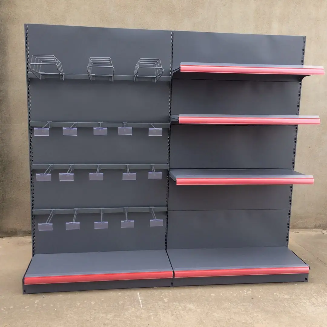 Factory customized color size metal heavy duty minimarket shelves wall shelves for cosmetics display gondola