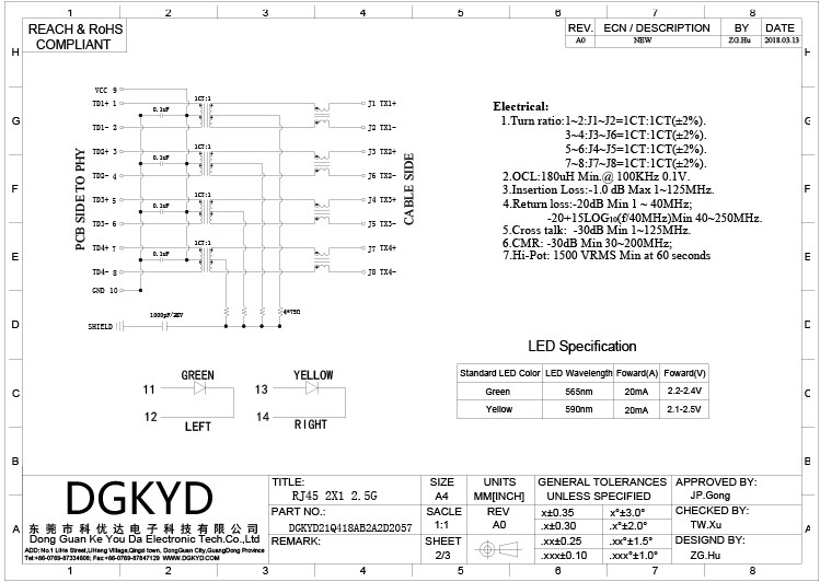 DGKYD21Q418AB2A2D2057 1000Base-T Stackable 2-Port RJ45 With Magnetic Right Angle 90 Degree Ethernet Gigabit Filter PA66