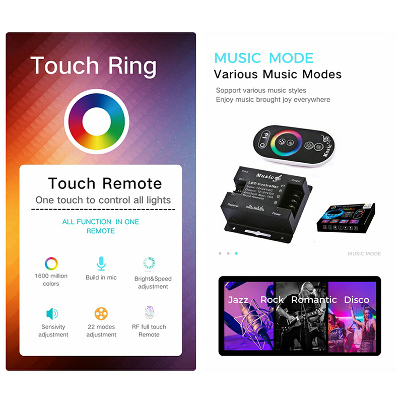 Wireless RF Remote LED Controller , RGB LED Music Controller 18A For 5050 Light Strip