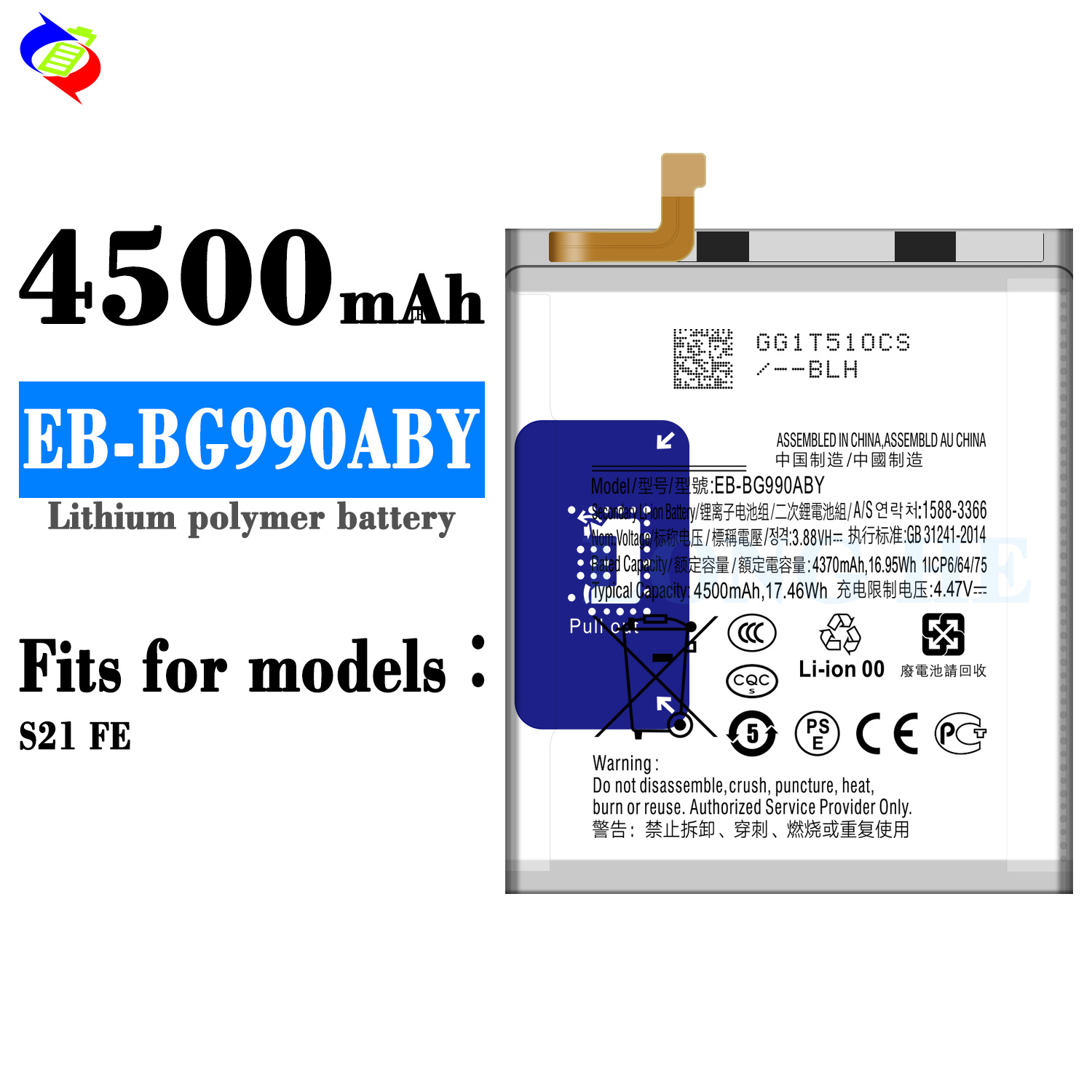 Capacity EB-BG990ABY Battery for Samsung Galaxy S21 fe 5G SM-G990B SM-G990W/E 4500mAh