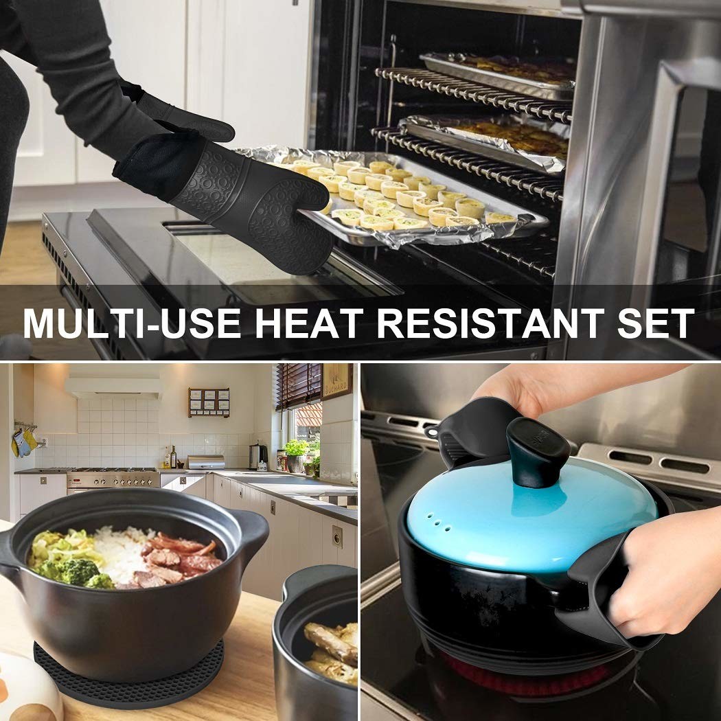 Oven Mitts Oven Gloves BBQ Gloves Silicone Thickened Cotton Double Layer Design Non-Slip Textured Grip Baking Gloves
