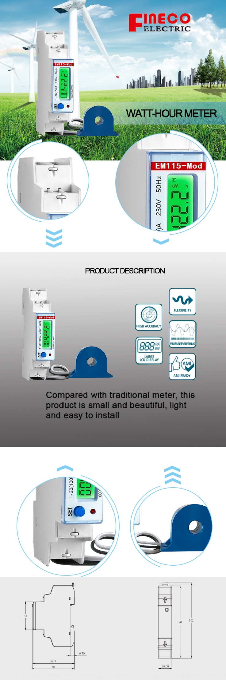 120/230V Digital Only EM115-Mod-DO 100A Wireless Lora Prepayment Electricity Meter