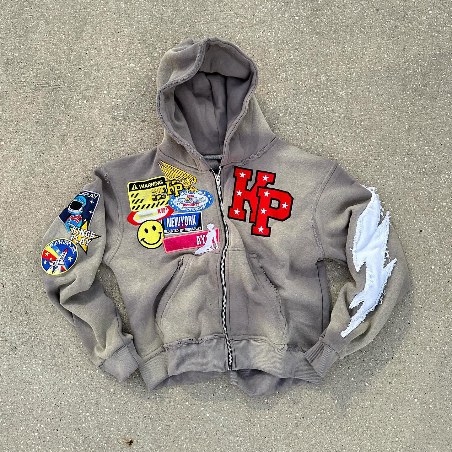Mens Rhinestone Zip Up Hoodie 500Gsm Grey Orange Stone Acid Wash Hoodie Distressed Patch Embroidery