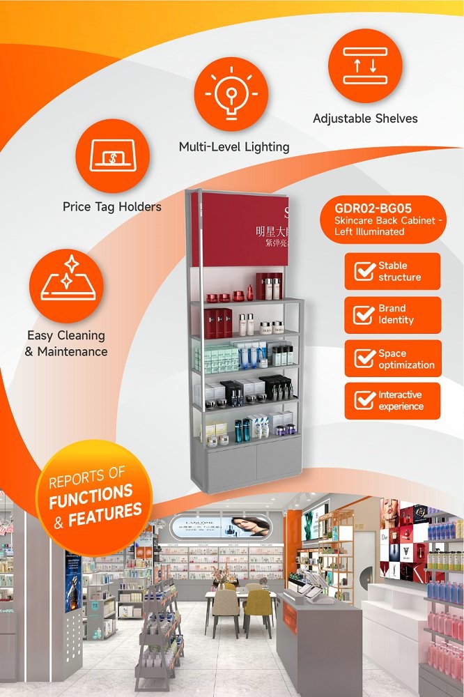 GDR02-BG05 Left Illuminated Skincare Display Cabinet with Multi-Purpose Storage and Modern Style for Department Stores