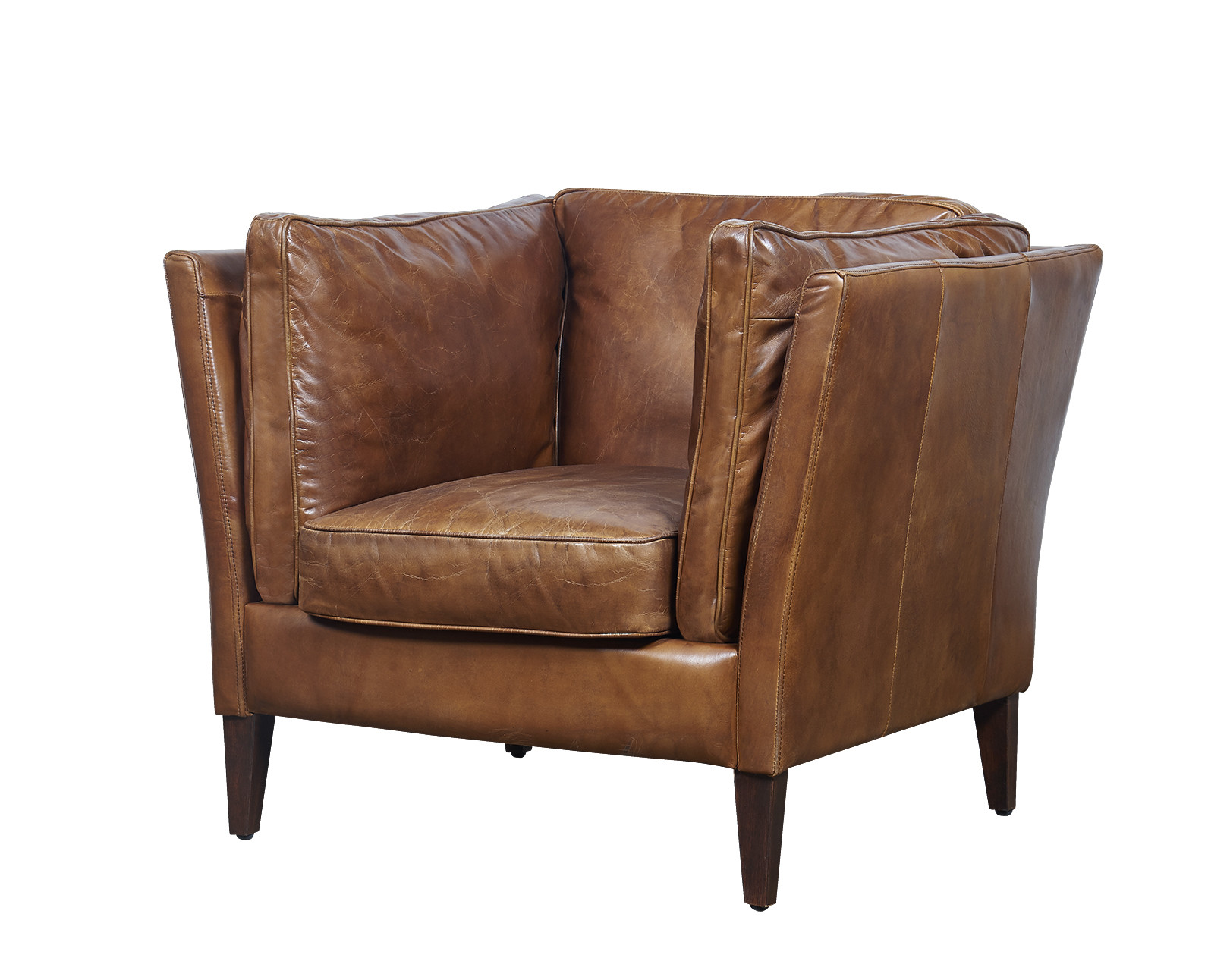 Cotton Figurine Wooden Leg High Back Leather Armchair , Brown Leather Occasional Chair