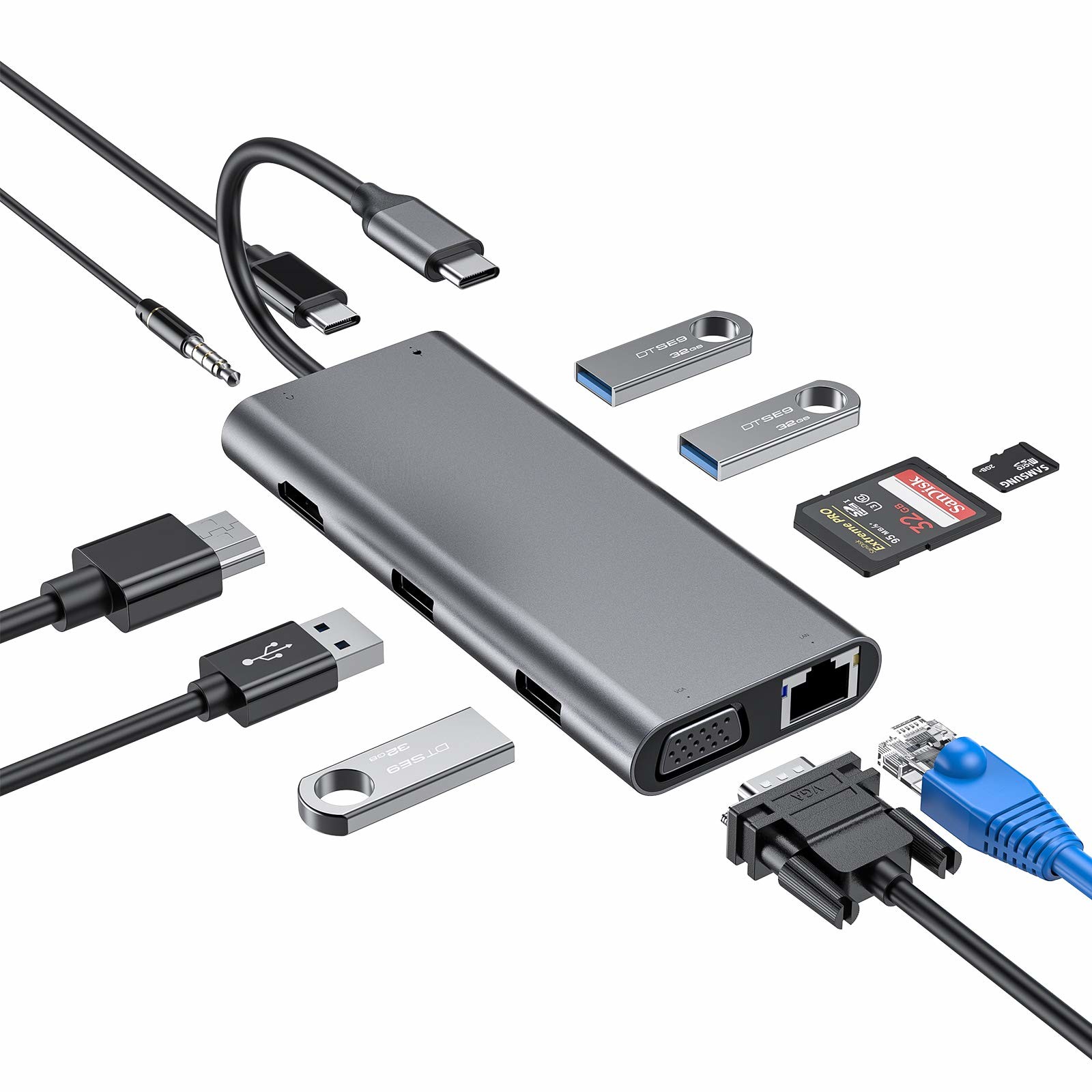 USB 3.0 to 6 Port USB Hub and 1000Mbps Ethernet Adapter for Male-Female Compatibility