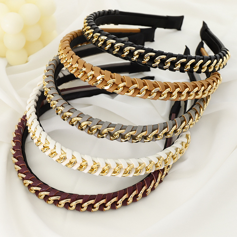 Wholesale imitation leather twist metal chain Pu hair bands braid headband hair accessories