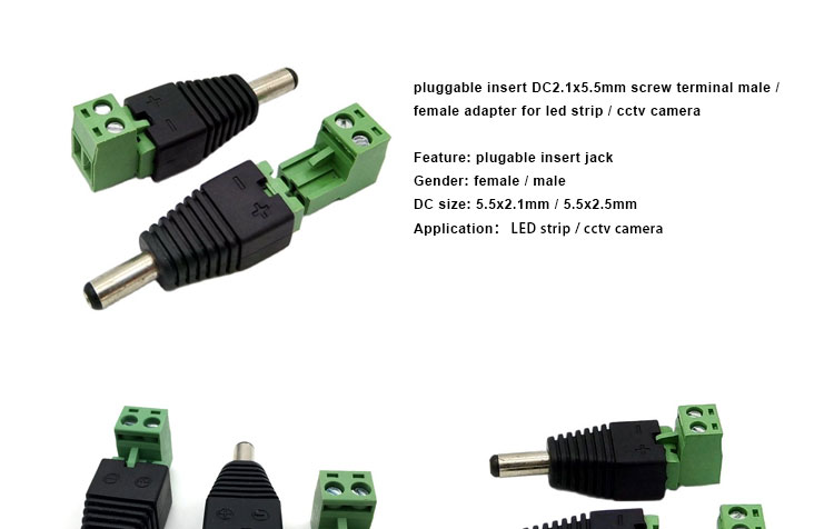 Solderless Insert Male Female 2.1 X 5.5mm DC Jack Connector Power Terminal Plug Adapter for LED Strip CCTV Camera