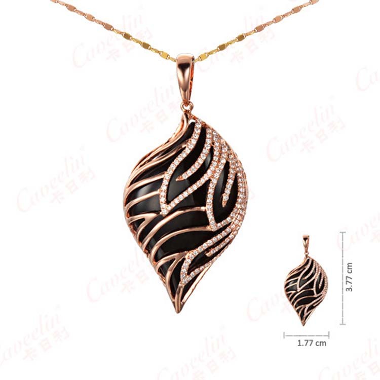 18K Rose Gold Black Onyx Diamonds Drop Pendant Necklace (GDN001)