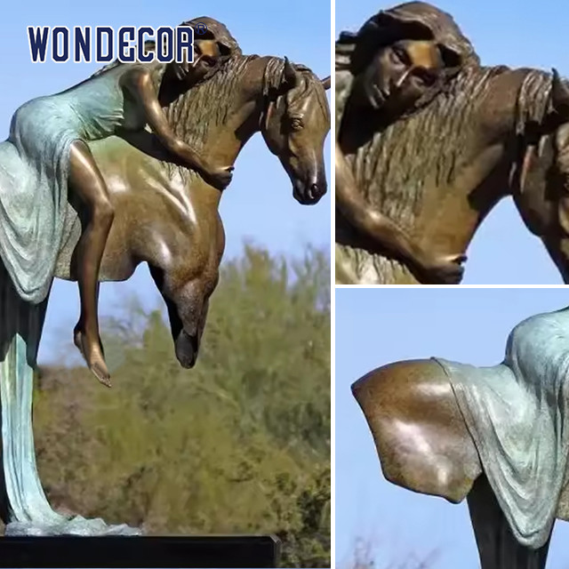 A Copper Sculpture Of A Young Girl On A Large Metal Art Horse Back Outdoors