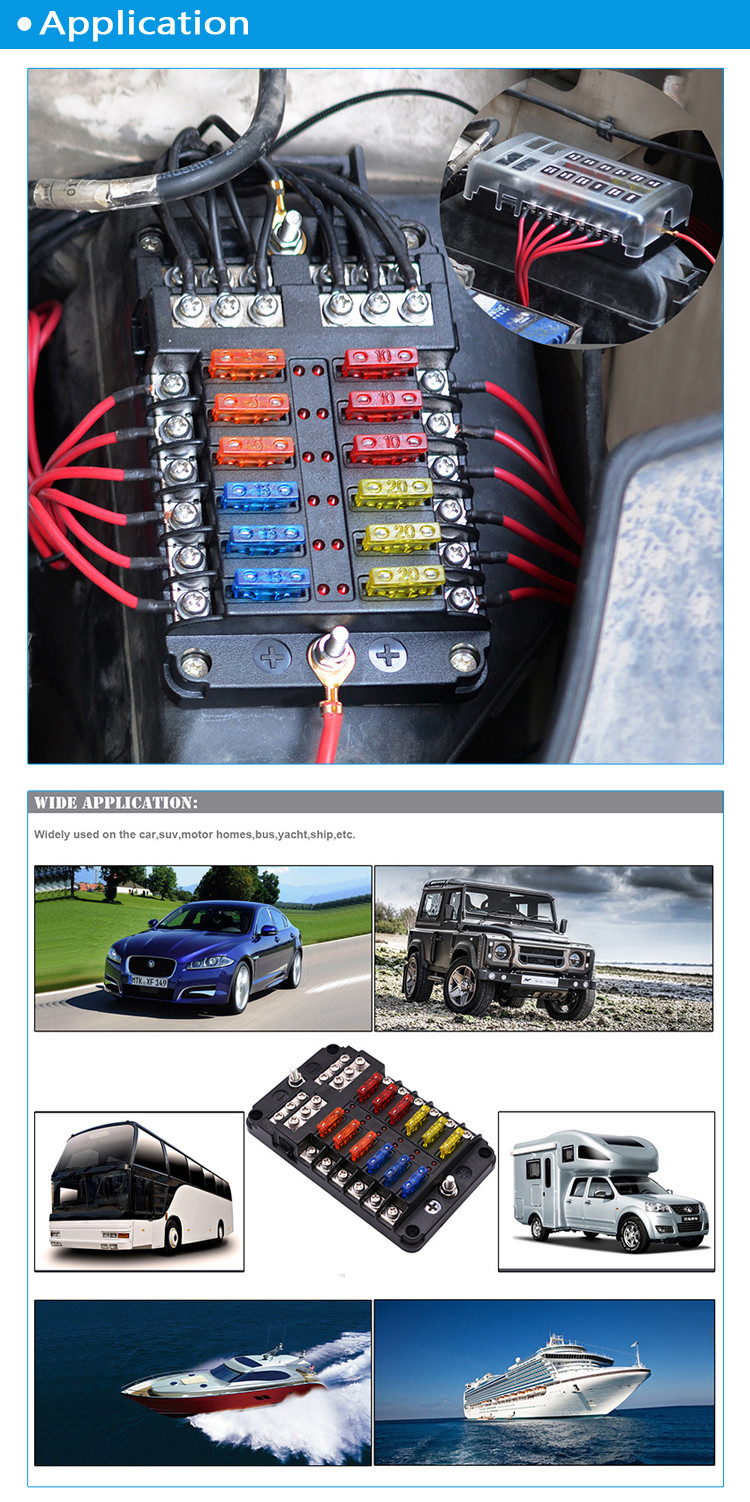 12 Circuit Ways Blade Fuse Box Positive Negative Bus Bar Fuse Block Box Holder with LED Indicator Dust-proof Protection