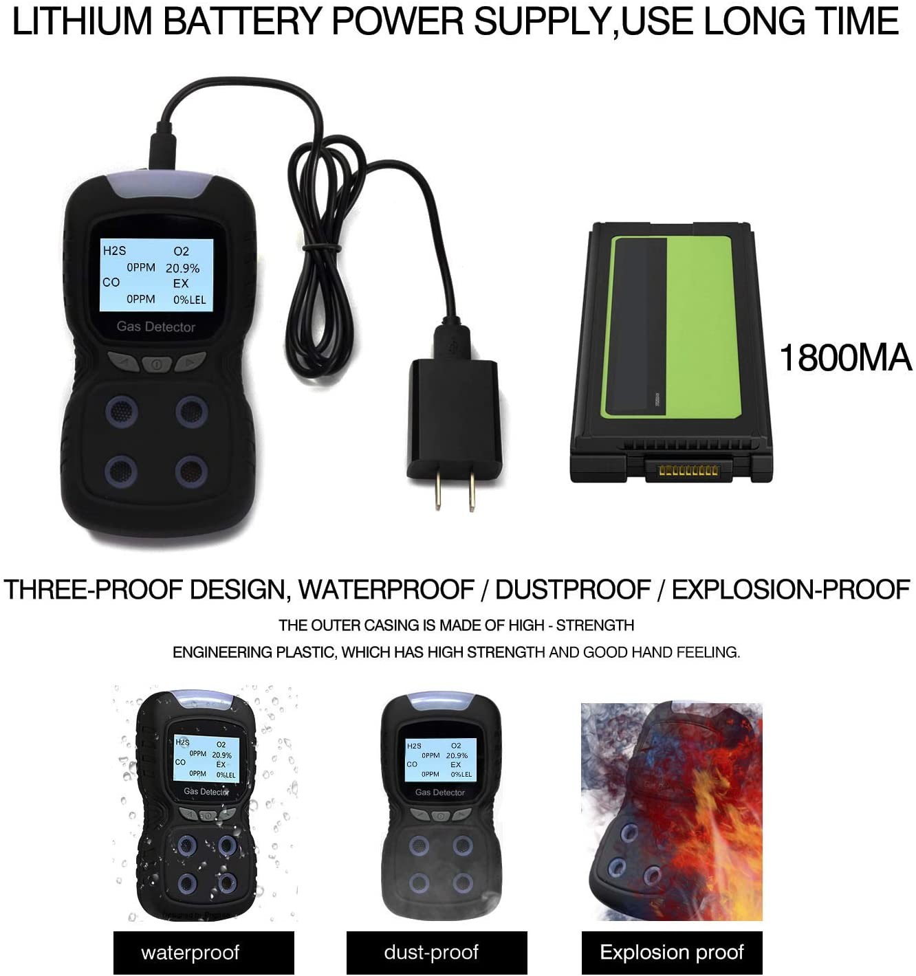 H2S O2 CO EX 4 In 1 Multi Gas Detector IP65 USB Rechargeable Buzzer Alarm