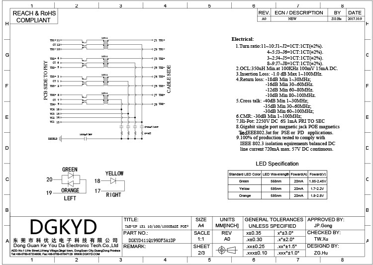 DGKYD411Q199DF5A1DP 6U RJ45 Network Connector Single Port POE+ Filter With Light Strip Shield PBT 12PIN
