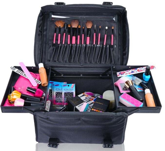 Stackable Adjustable Makeup Soft Trolley Case , Makeup Beauty Trolley Black Color