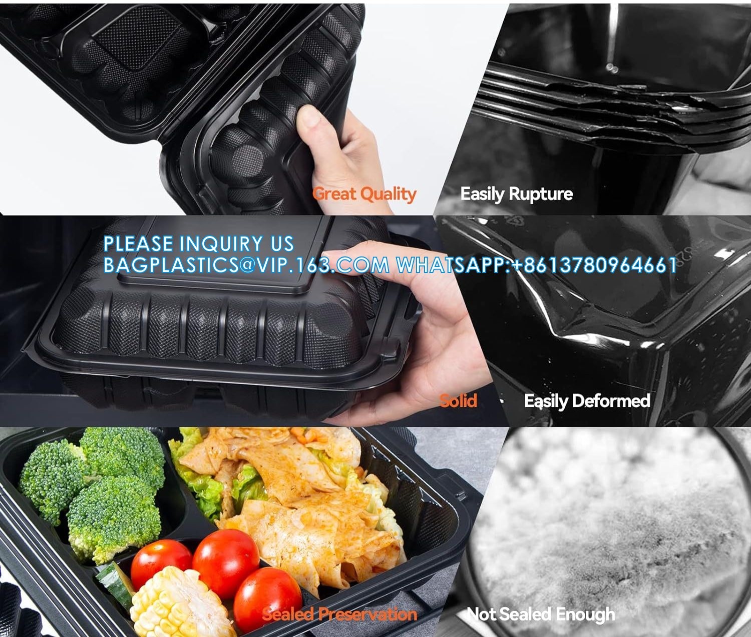 Meal Prep Containers, 65 Pack Clamshell Food Containers 7.8 Inch Black 3 Compartment To Go Containers