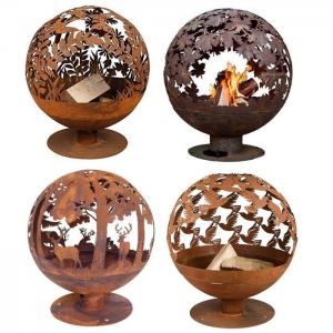China Sphere Rustic Floral Style Corten Steel Fire Globe Fireplace For Portable Heater on sale