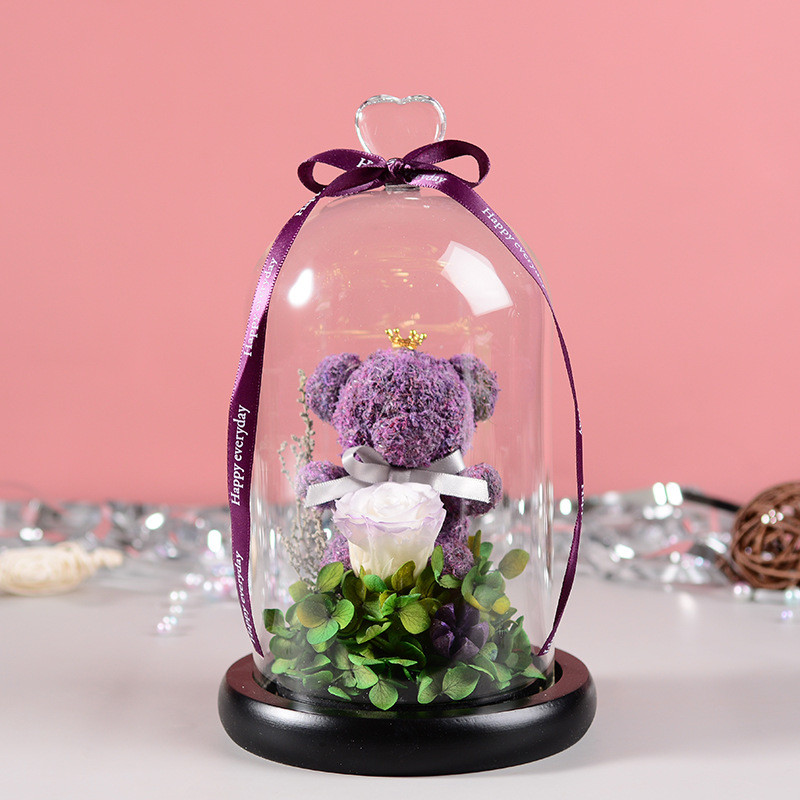 Wholesale Price Rose bear preserved roses in glass dome rose bear for lover