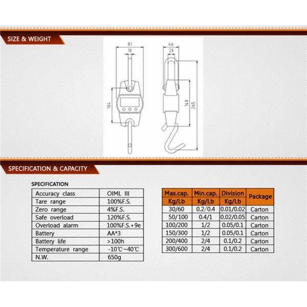 300Kg Capacity Handheld LED Display Orange Digital Mini Crane Scale for Farm Hunting Fishing ABS Stainless Steel