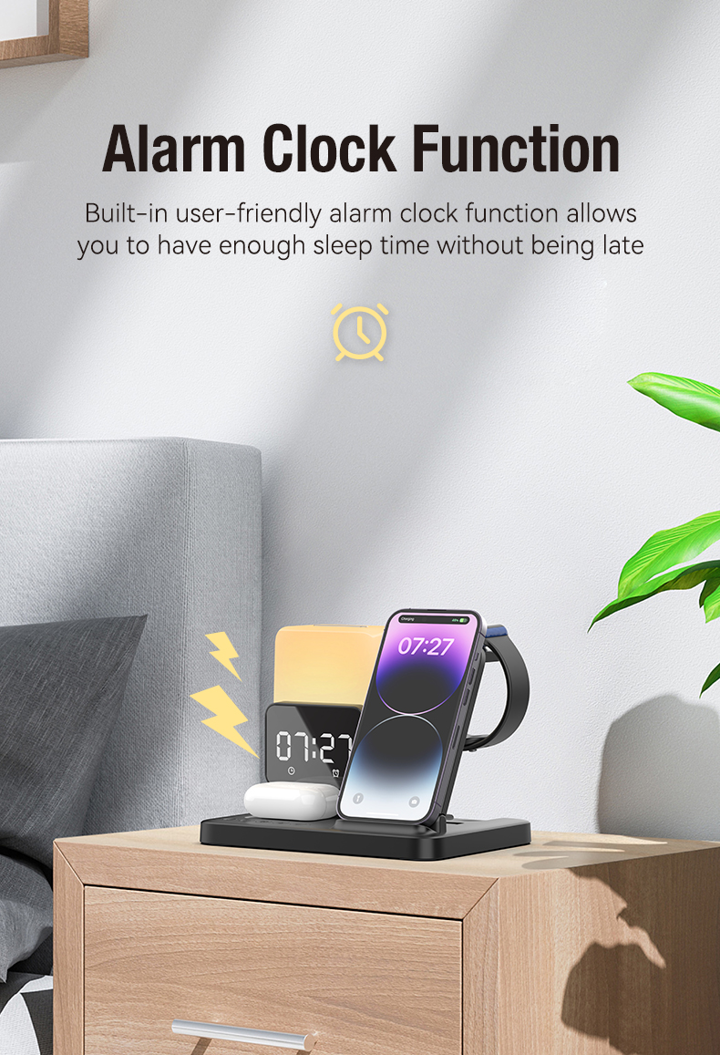 6-In-1 Mobile Phone Fast Charging Wireless Charger and Alarm Clock with ABS