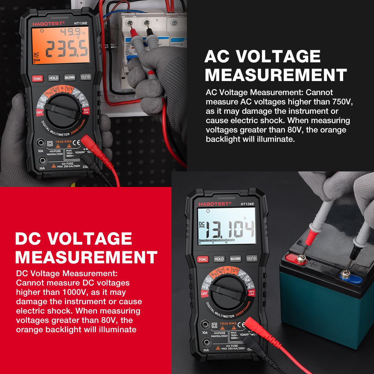 Ammeter HABOTEST HT136E/A Digital Multimeter 20000 Counts Voltage Current Detector Capacitance Resistance Frequency Temp Test