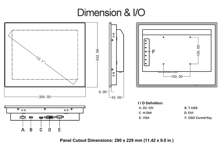 Ip65 12" Multi Touch Capacitive Touch Monitor VGA DVI USB HDMI Vesa Mounting