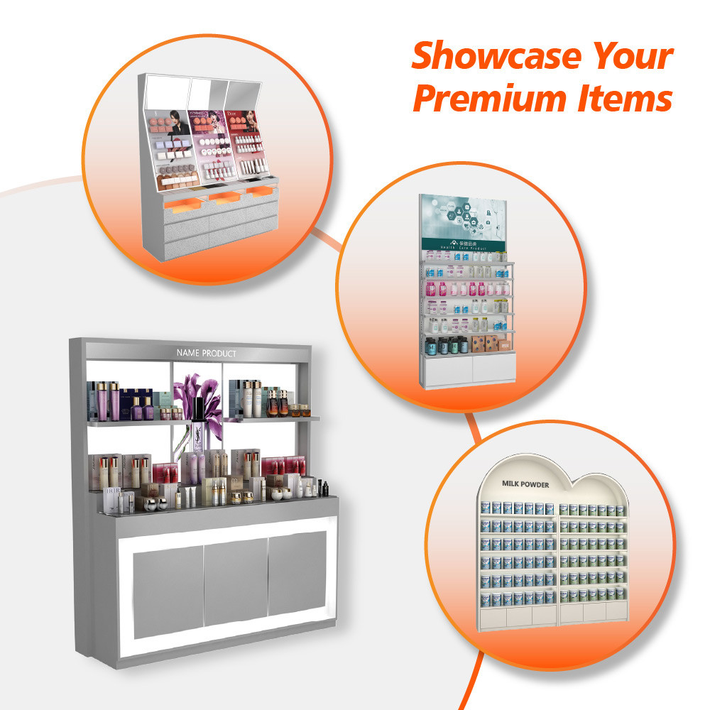 GDR08-SP02 Cosmetic Display Shelf with Gray Velvet Headband Cylinders and Efficient Storage for Cosmetics Retail Stores