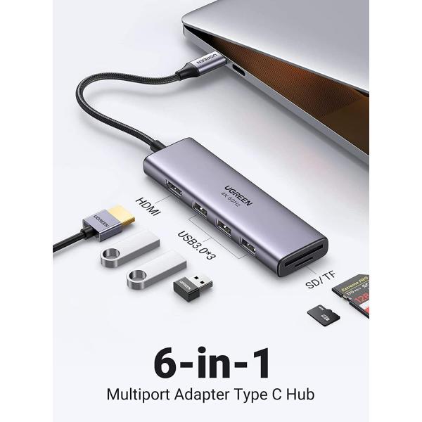 6-in-1USB C to USB Hub 4K@60Hz Adapter with 3 USB 3.0 Ports SD/TF Card Reader Multiport Dongle Type C Adapter