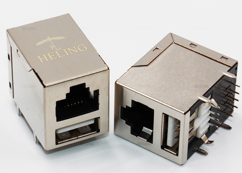 8P8C Female Right Angle RJ45 Connector Magnetic With G / Y LED Pipes