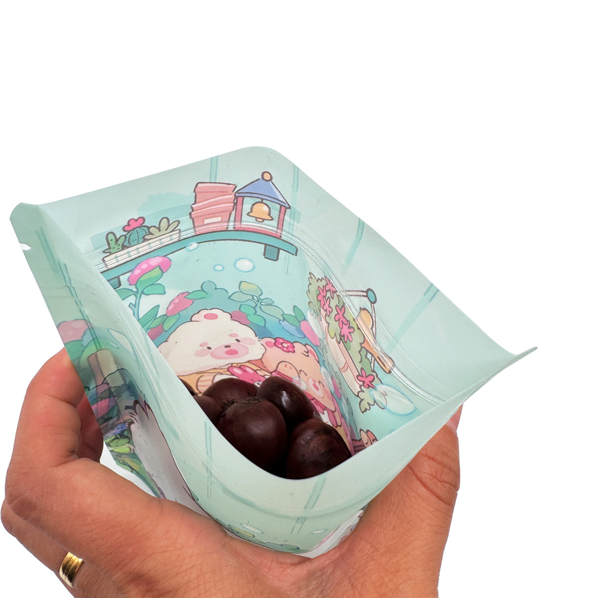 Pre made Custom Plastic Stand Up Barrier Pouches with Clear Window and Zipper for Nuts Candies Cakes Food