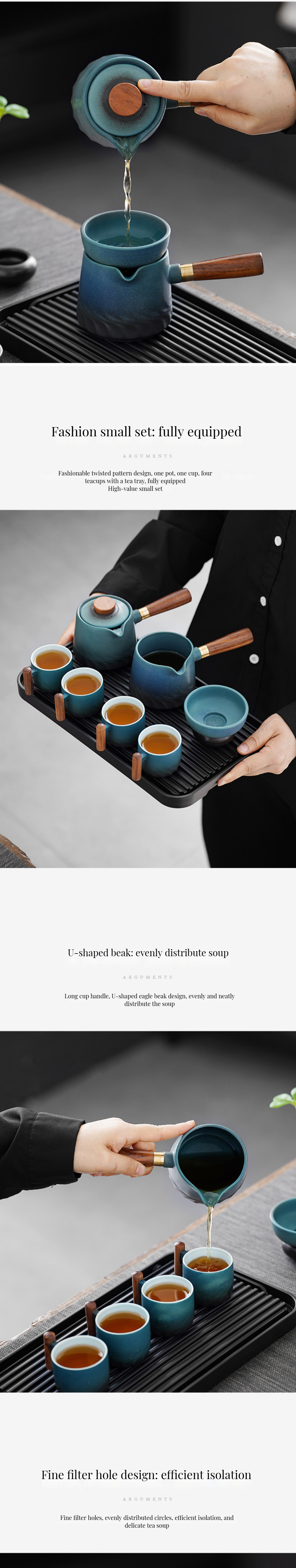 Modern Kung Fu Tea Set Porcelain Ceramic with Wooden Handle and Removable Side Handle