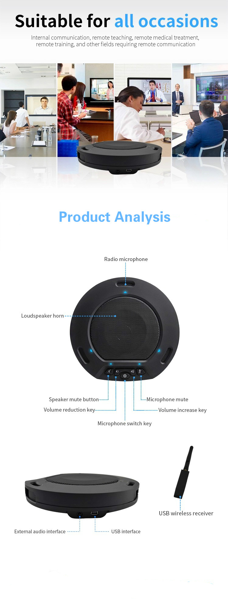 (2pcs) USB2.0 plug and play wireless video conference omnidirectional microphone speaker For 40 sqm meeting room (2pcs)