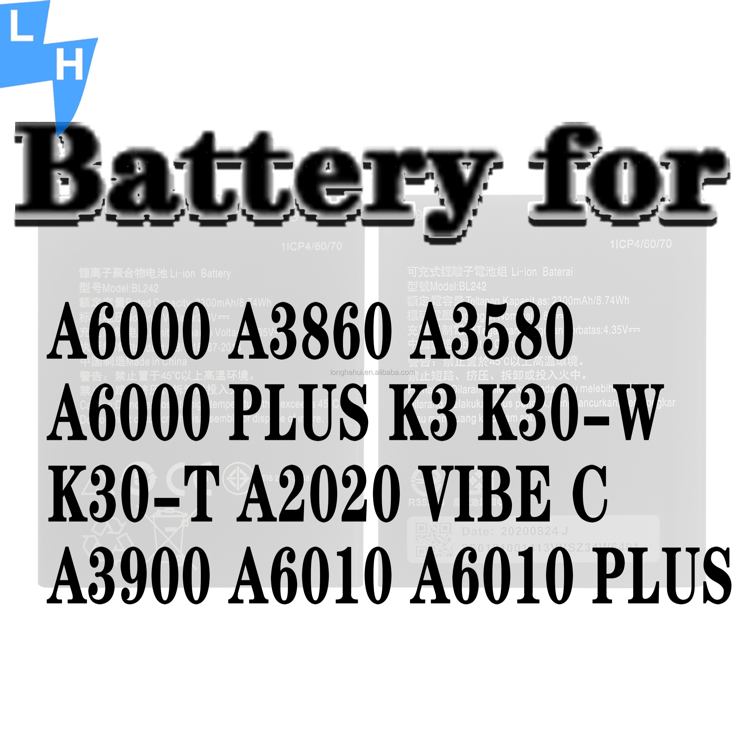 2300mAh BL242 VIBE C A2020 A6010 K3 K30 Lithim battery for Lenovo A6000 mobile phone