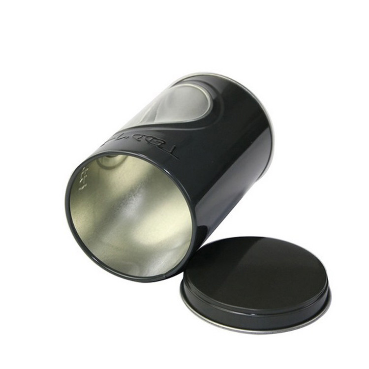 Embossed Black Tins Round Tin Box with Clear Window on Body Decorative Tin Container