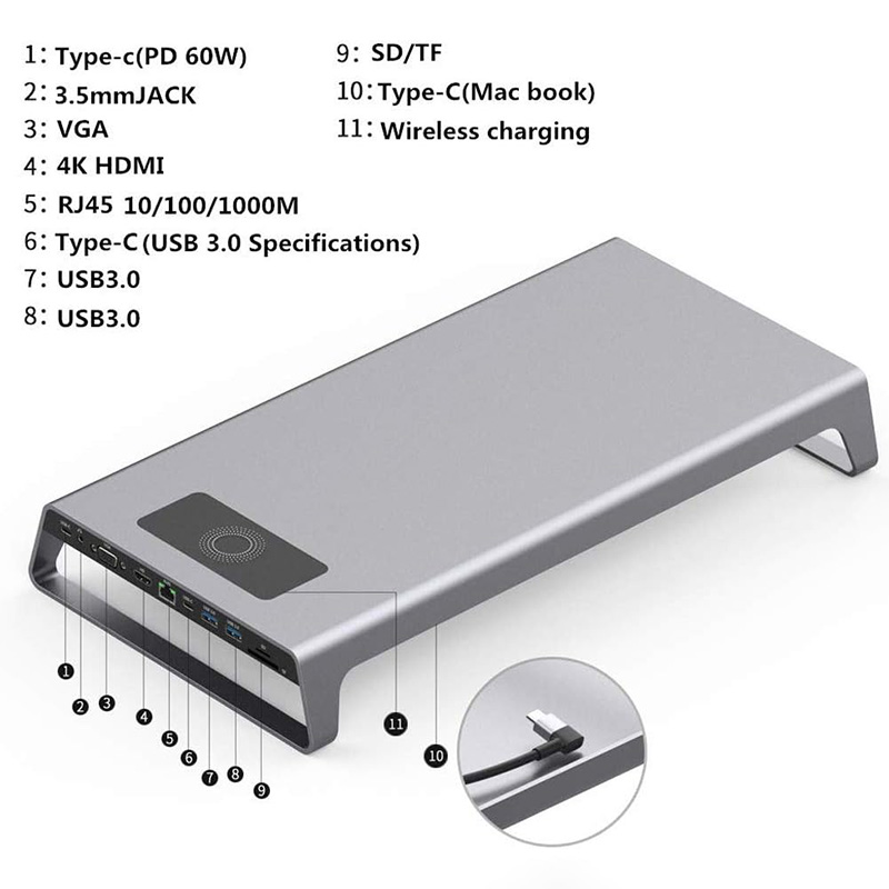 TYPE-C Male 11 In 1 Hub Computer Laptop Docking Station Adapter with 1000Mbps RJ45 and USB-C PD