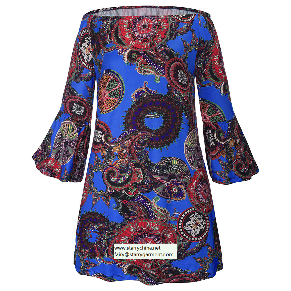 flower and phoenix patterns printed women fashion short dress with puff sleeve in off shoulder