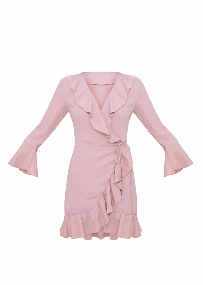 2018 Summer Fashion Women Dusty Pink Frill Tea Dress With Horn Sleeve
