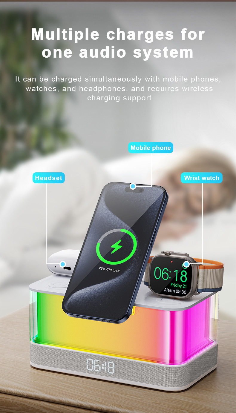 Colorful Lights Wireless Charger for iPhone iWatch and AirPods with Bluetooth Speaker