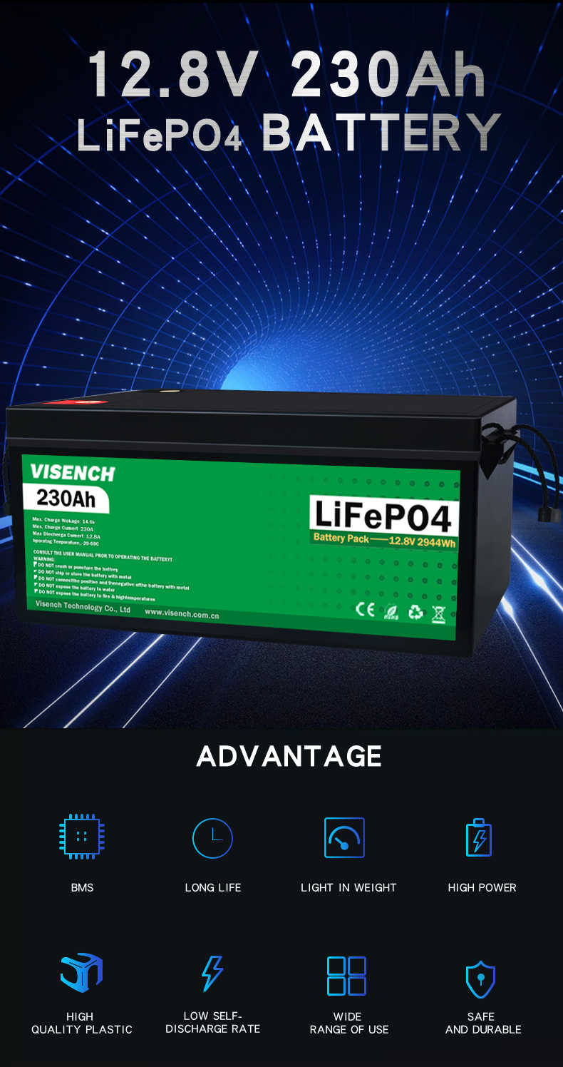 Visench Deep Cycle Storage Energy System 12V 230Ah LiFePO4 Rechargeable Lithium iron Phosphate Battery