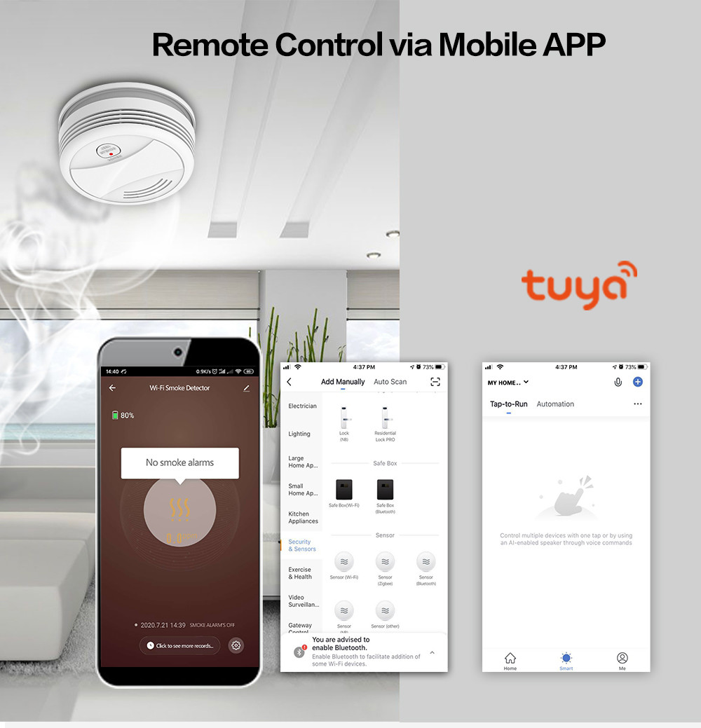 Tuya Smart Home Energy-saving Battery Power Supply Mobile App Push Wifi Smoke Detector