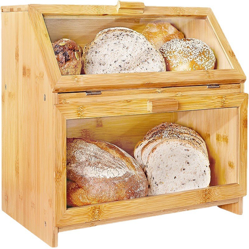 Yellow 3 Layer Bamboo Bread Box With Adjustable Shelf